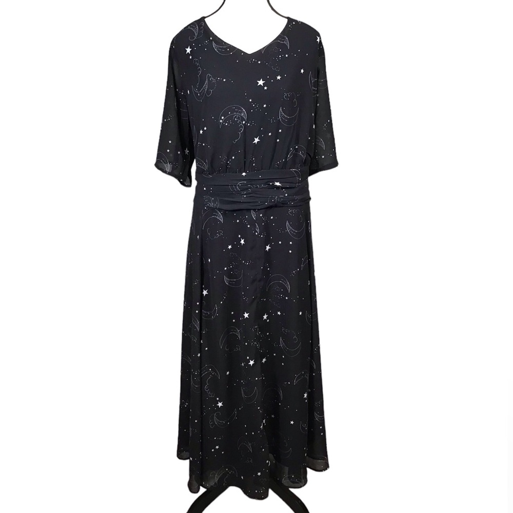 eShakti Womens Maxi Dress Size 24W Pockets Sheer Chiffon Celestial Black Witchy